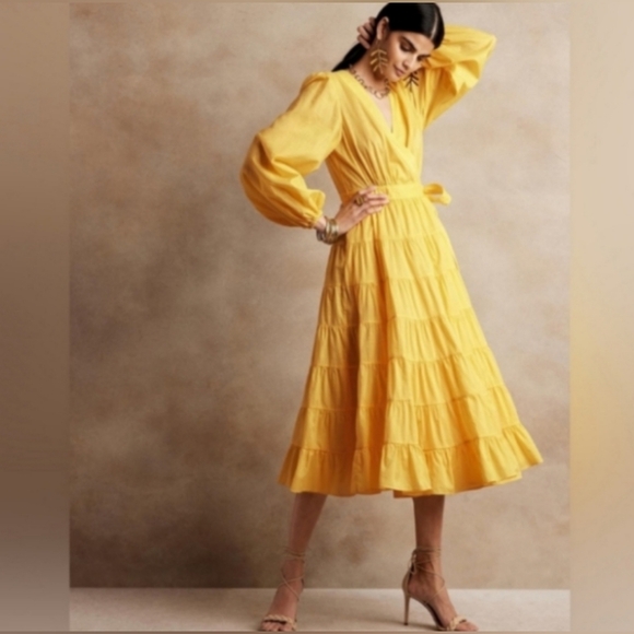 NWT Banana Republic Stamp Wrap Canary Yellow Maxi Dress Beautiful! Retail $300 - Picture 1 of 16
